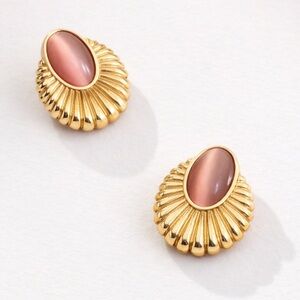 Gold Oval Fan Statement Earrings Vintage Inspired Studs